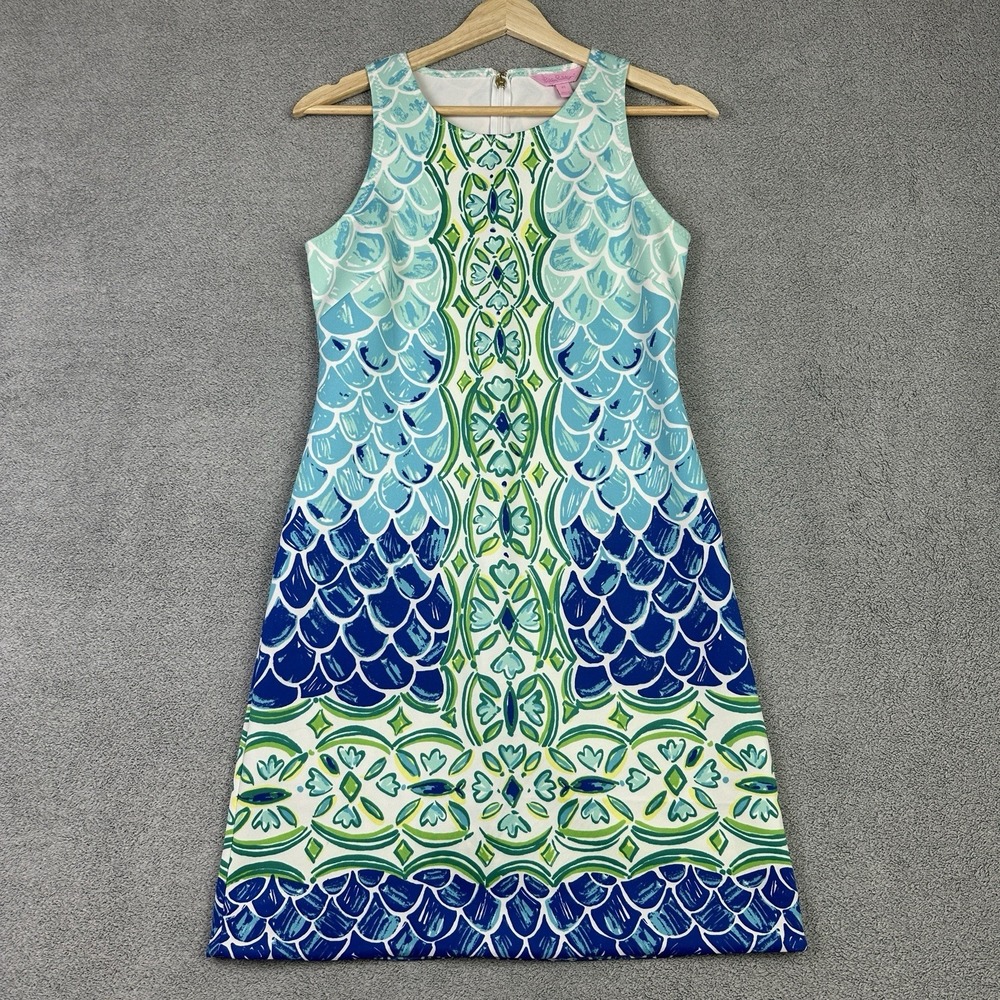 Lilly Pulitzer Perla Shift Dress Womens XS Blue Green Scale Back Stretch Comfort